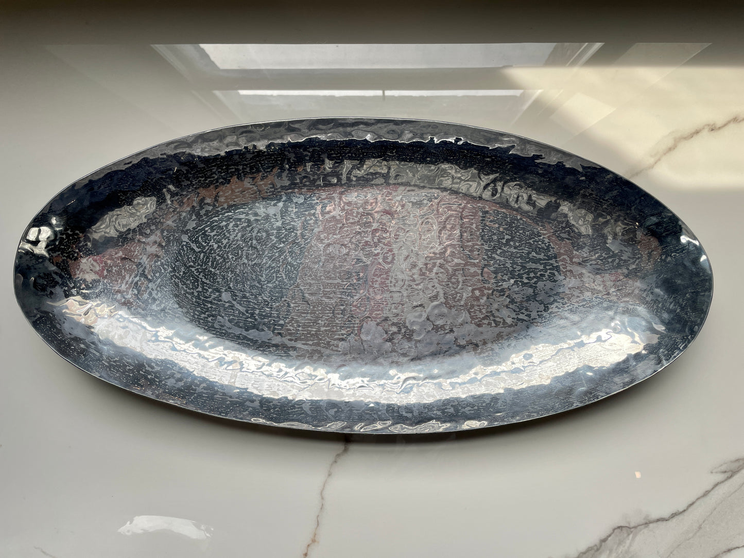 Silver Cratered 3pc Canoe Pewter Tray Set