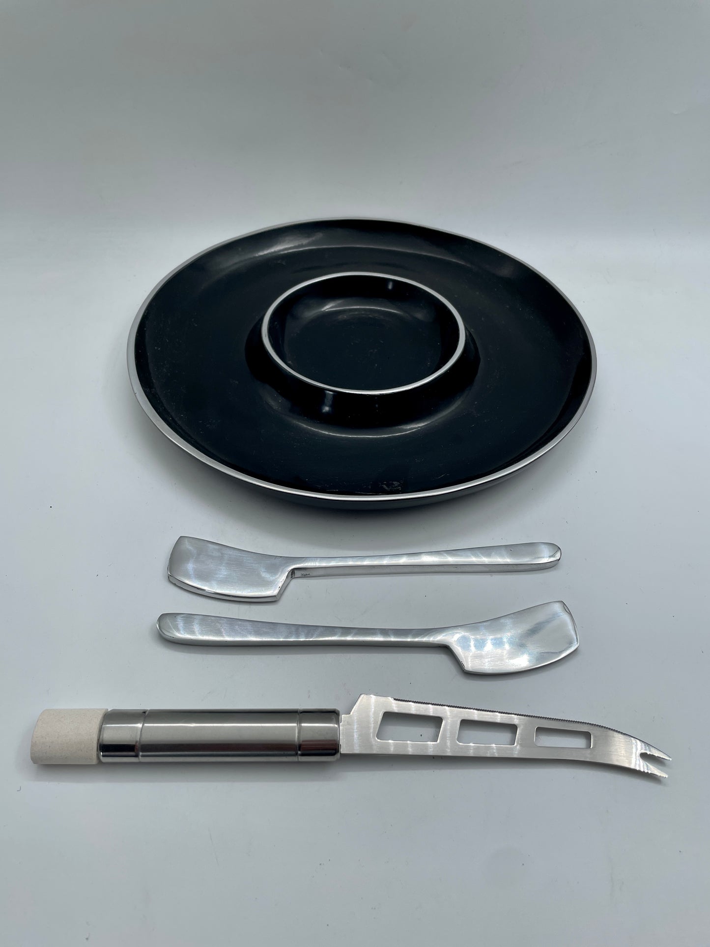 Black 4pc Tray and Utensils Pewter Tray Set