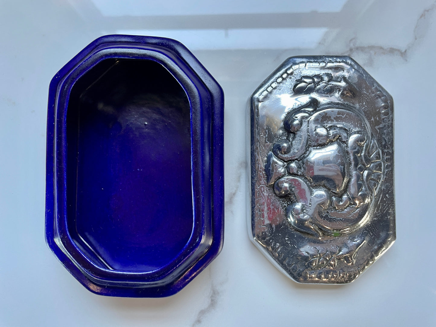 Silver and Blue 3pc Jewelry Pewter Holder Set