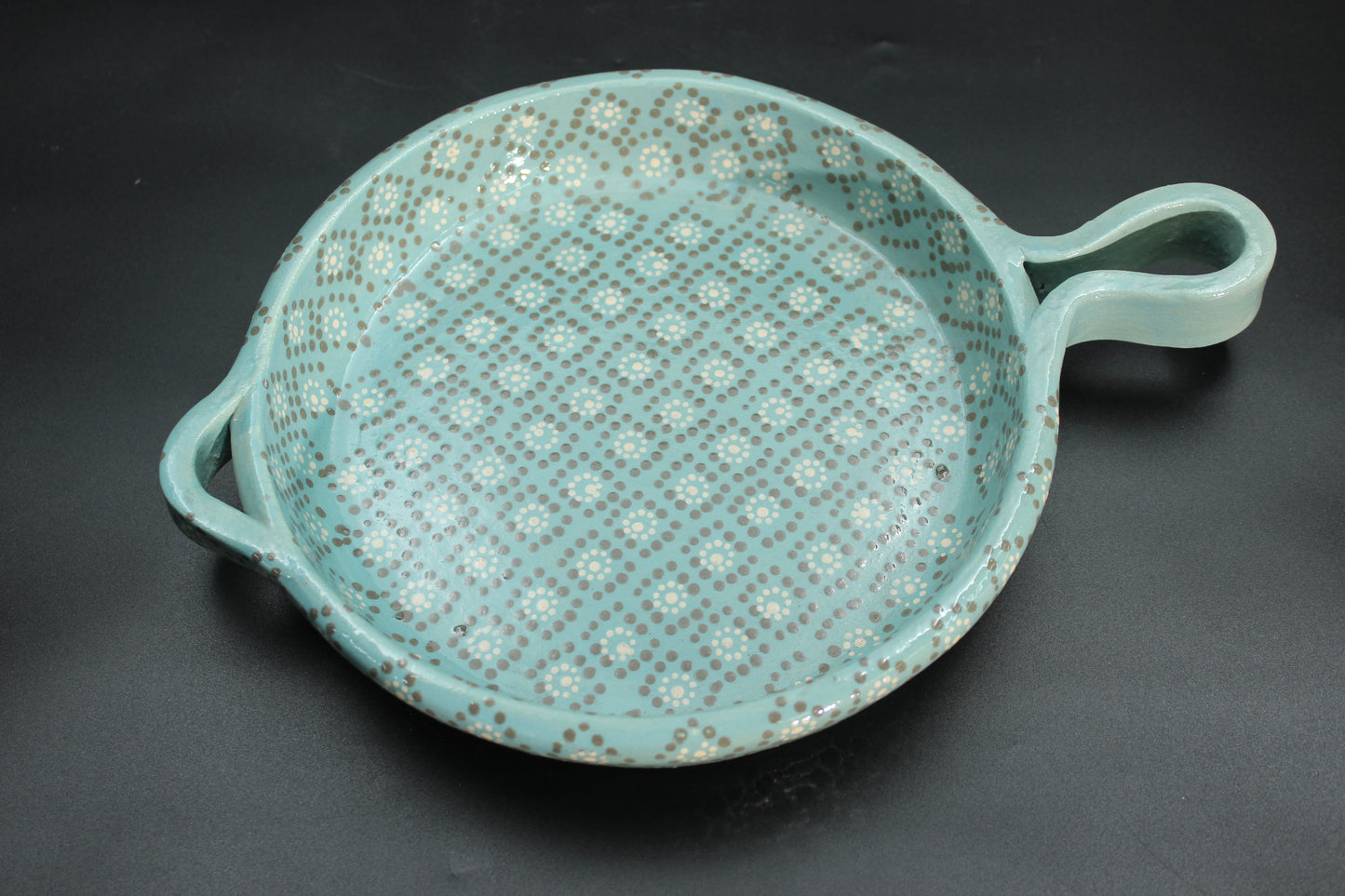 8" Aqua Patterned Clay Frying Pan