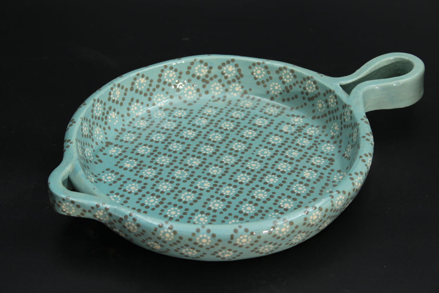 8" Aqua Patterned Clay Frying Pan