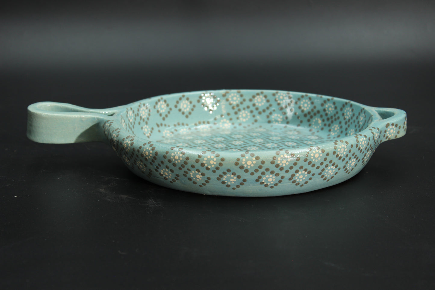 8" Aqua Patterned Clay Frying Pan