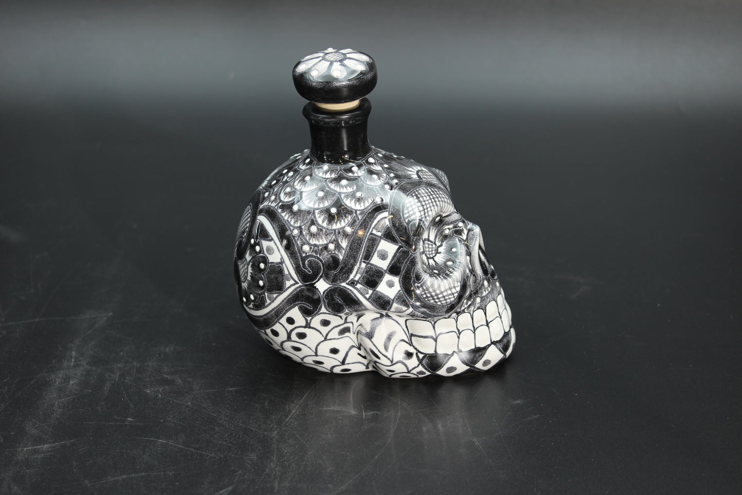 16oz Black Talavera Ceramic Skull Liquor Bottle