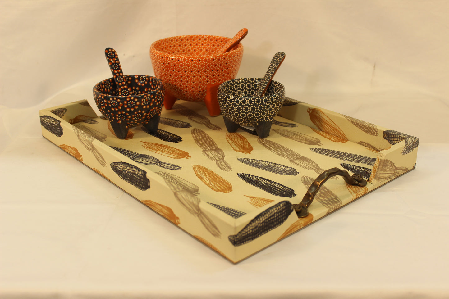 Beige Cornfield Serving Tray w/ Metal Handles