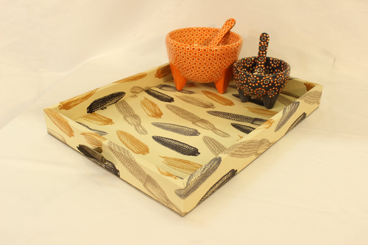 Beige Cornfield Serving Tray w/ Metal Handles