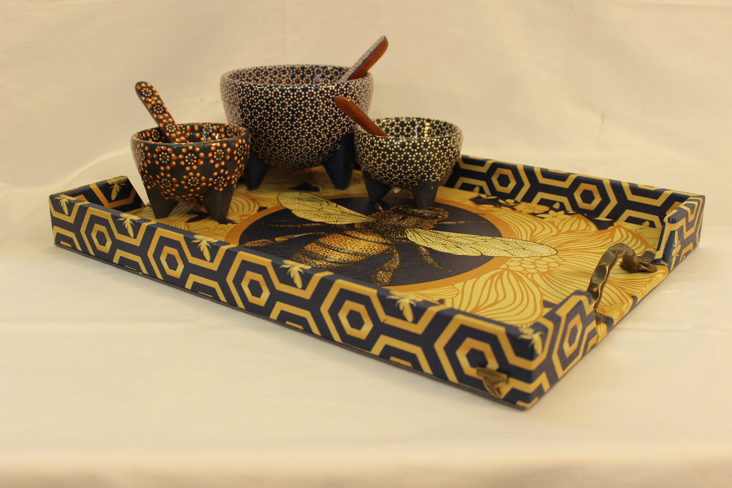 Blue Beehive Serving Tray w/ Metal Handles