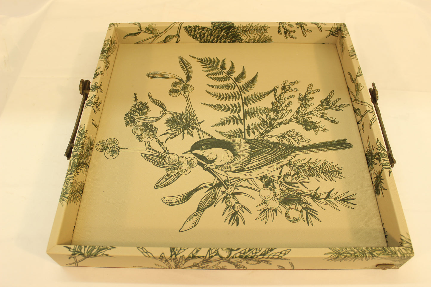 Green Floral Serving Tray w/ Metal Handles