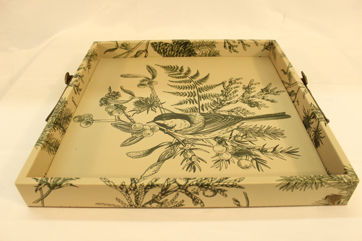 Green Floral Serving Tray w/ Metal Handles