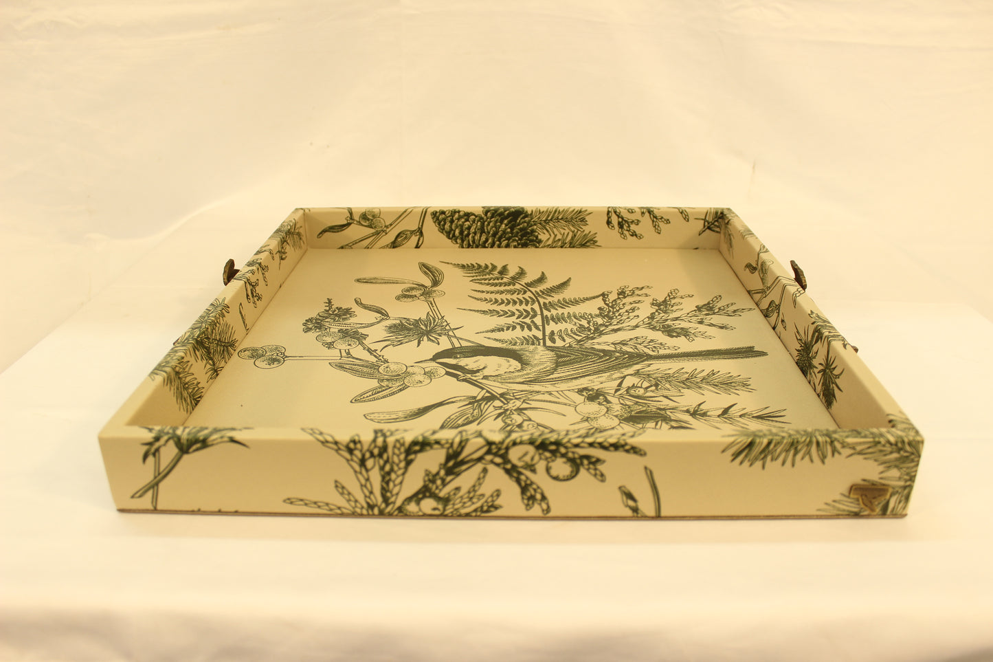 Green Floral Serving Tray w/ Metal Handles