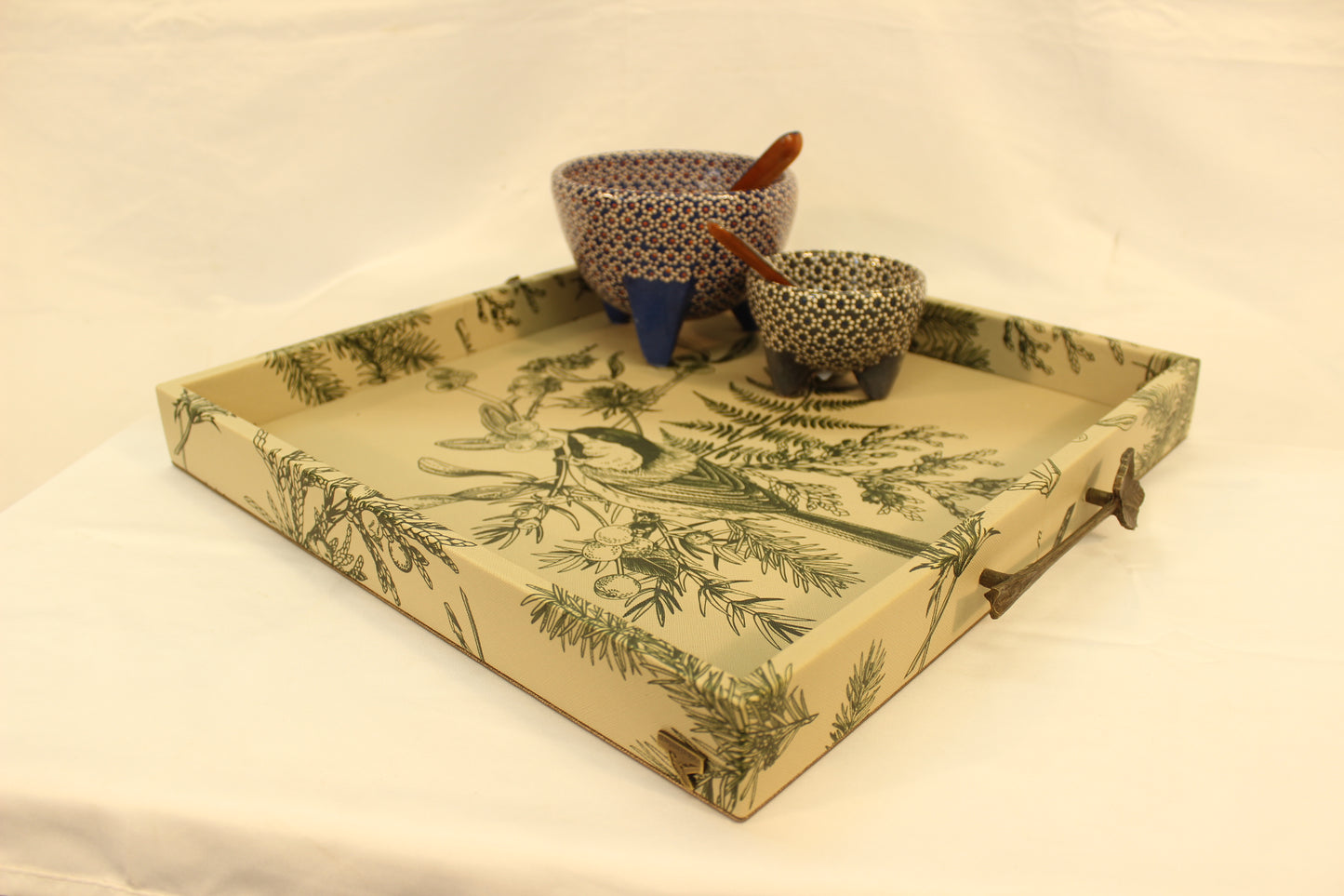 Green Floral Serving Tray w/ Metal Handles