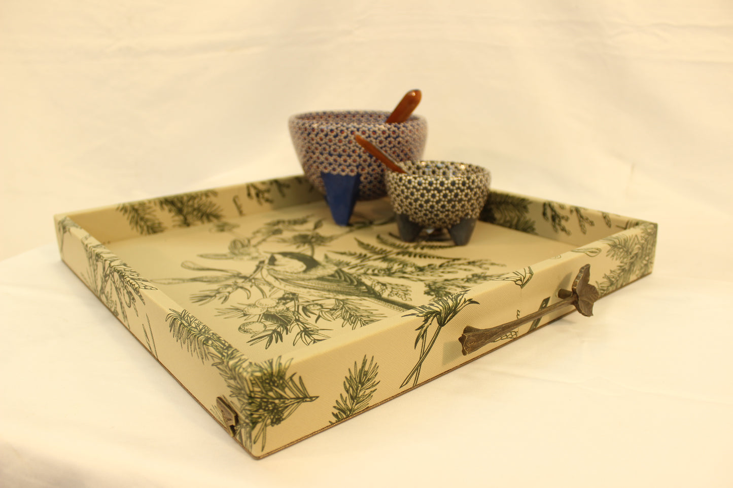 Green Floral Serving Tray w/ Metal Handles