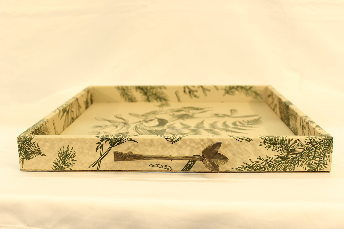Green Floral Serving Tray w/ Metal Handles