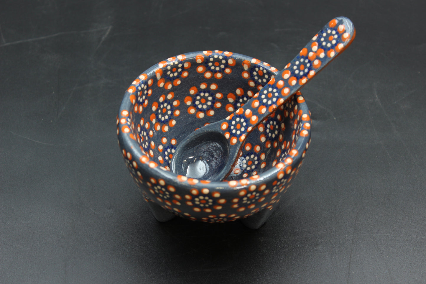 6oz Blue & Red Ceramic Salsa Bowl w/ Spoon