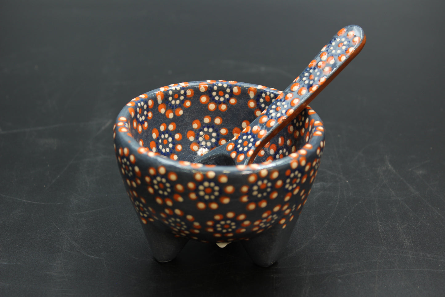 6oz Blue & Red Ceramic Salsa Bowl w/ Spoon