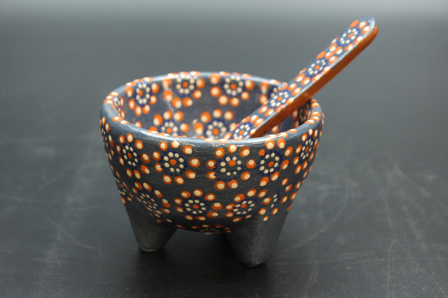 6oz Blue & Red Ceramic Salsa Bowl w/ Spoon