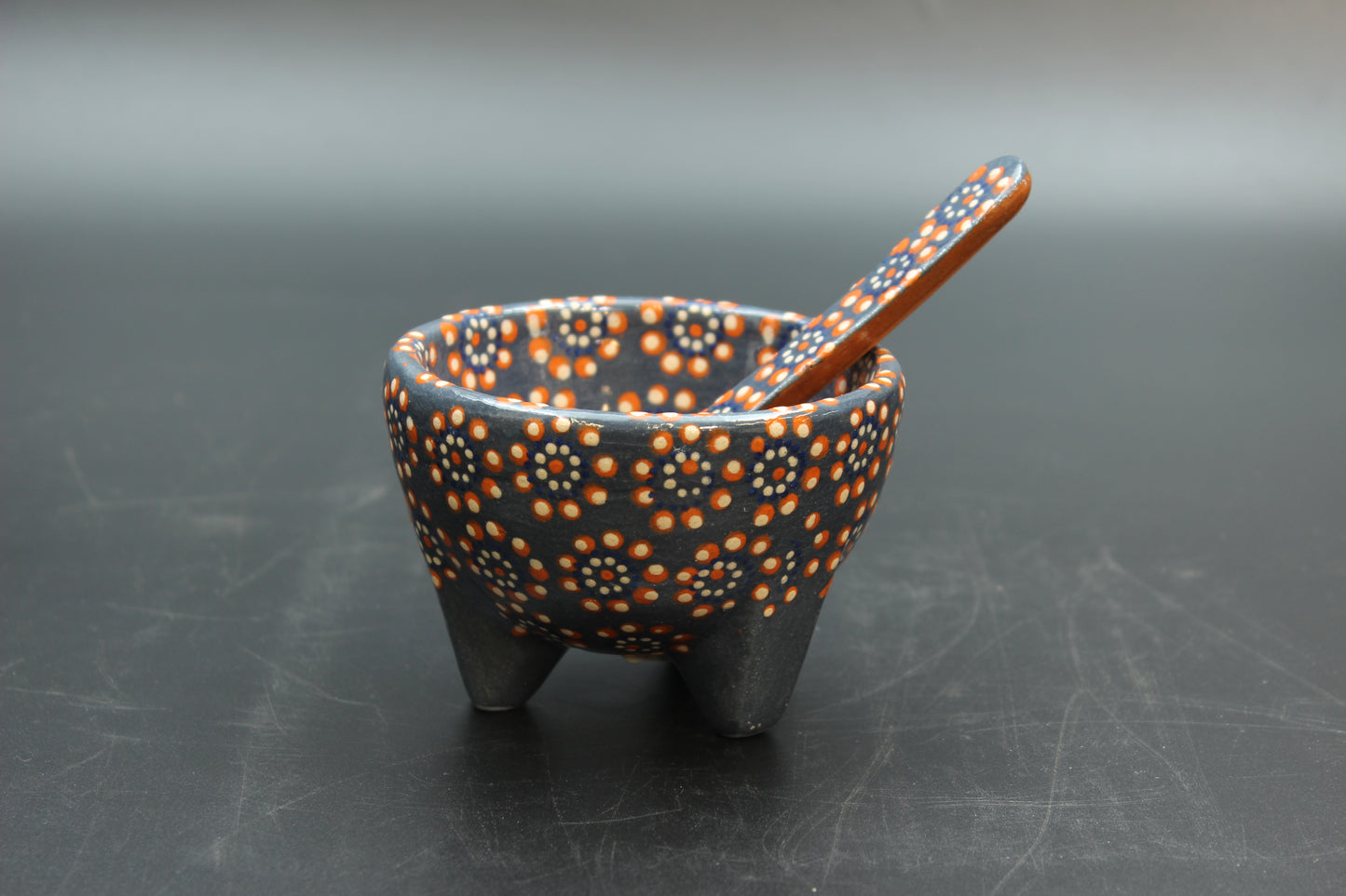 6oz Blue & Red Ceramic Salsa Bowl w/ Spoon