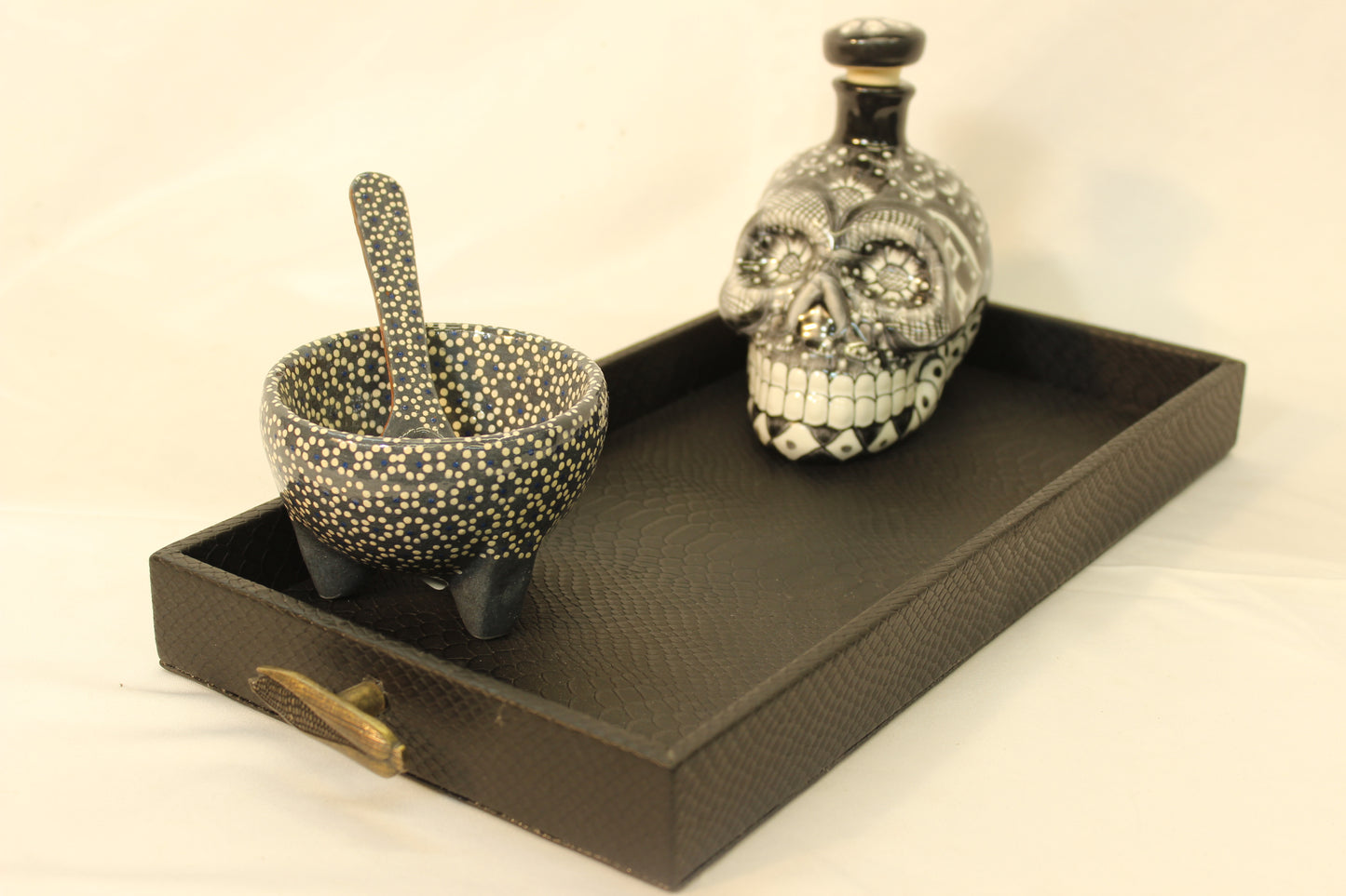 Black Snakeskin Serving Tray w/ Corncob Handles