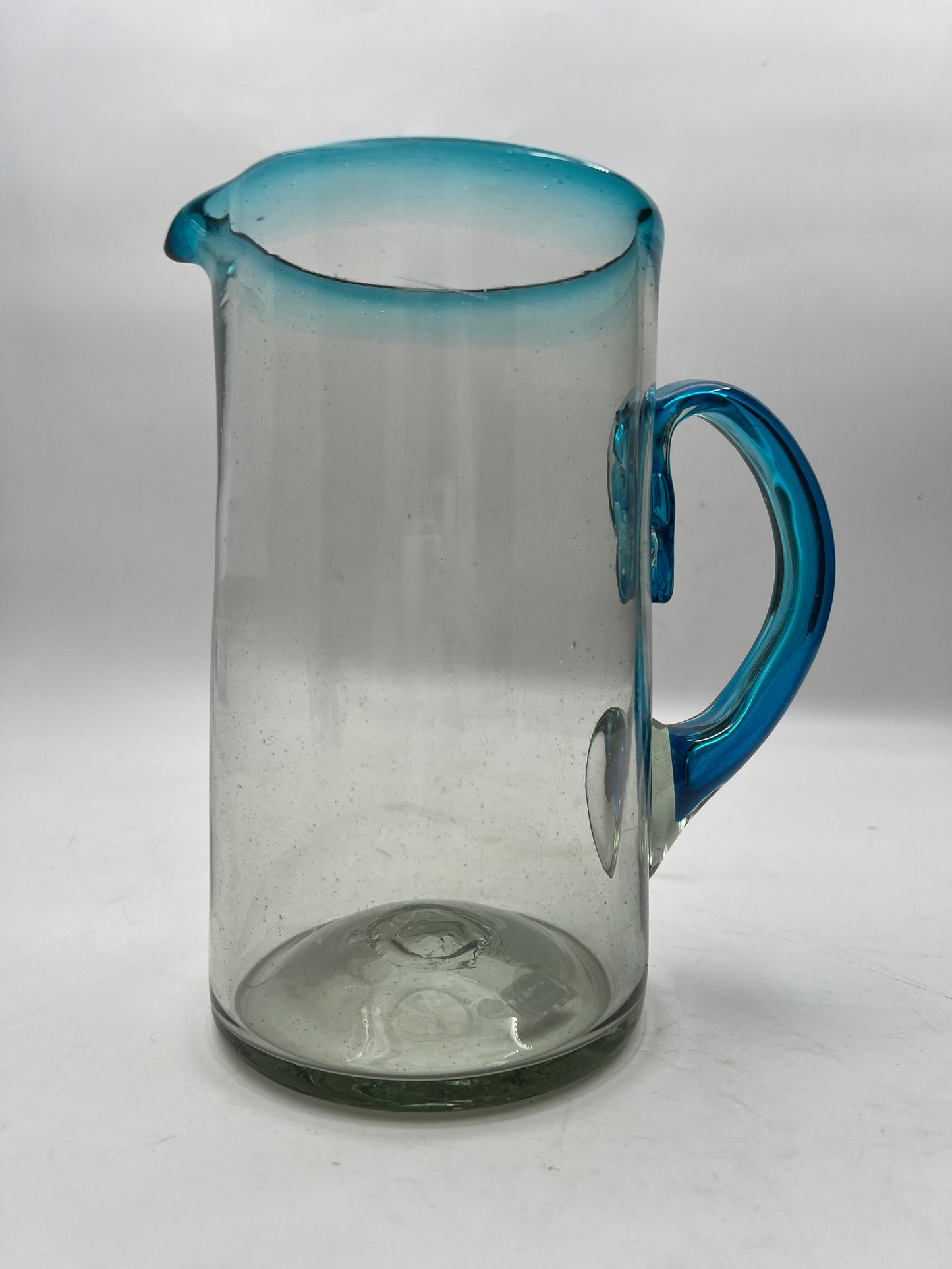 Aqua Blue & Clear Blown Glass Pitcher
