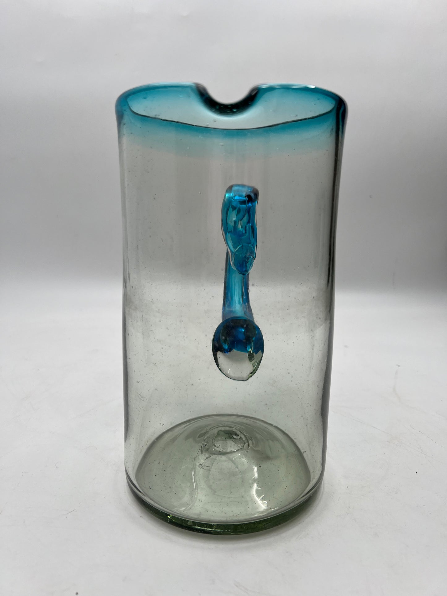 Aqua Blue & Clear Blown Glass Pitcher
