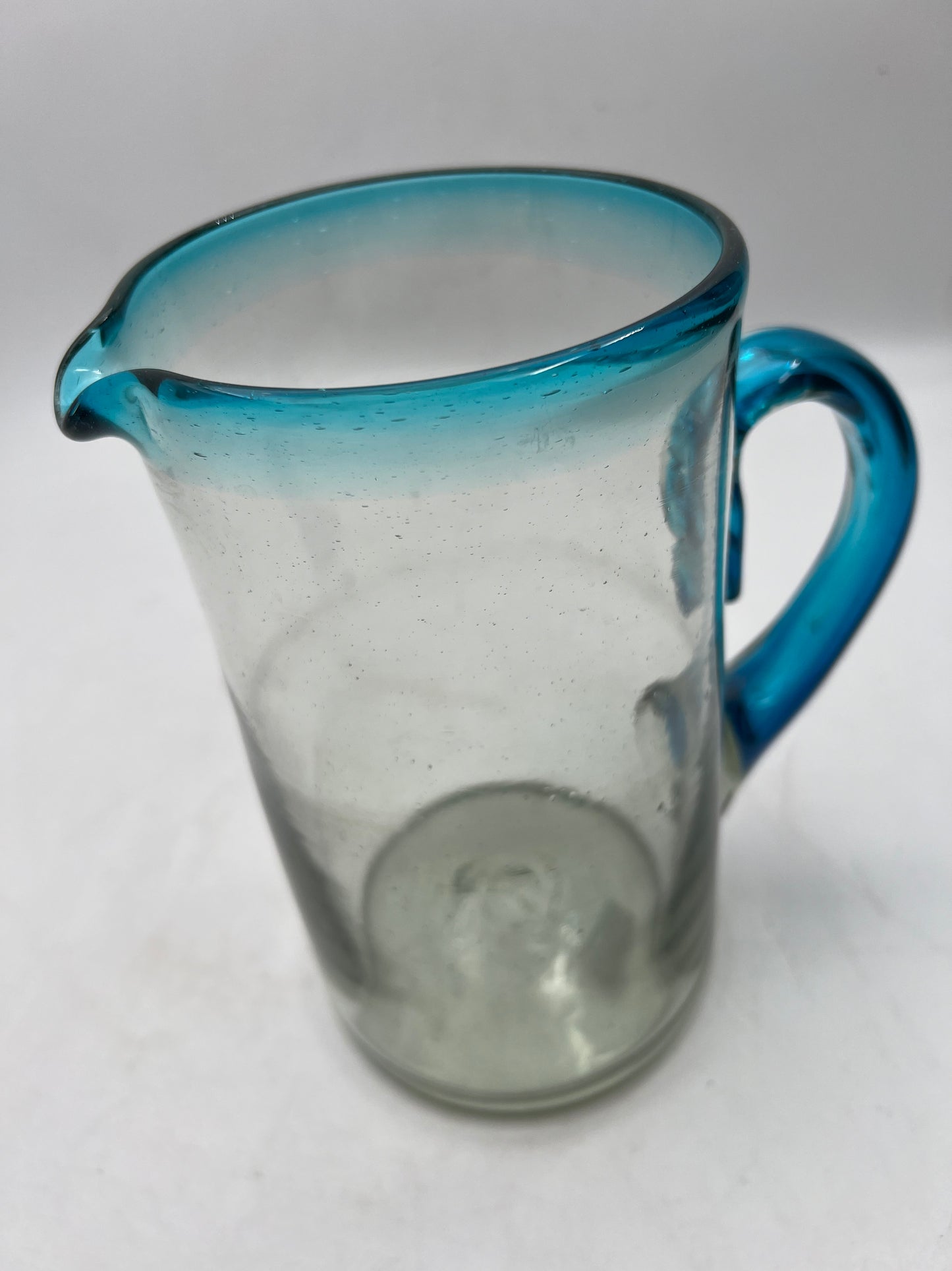 Aqua Blue & Clear Blown Glass Pitcher