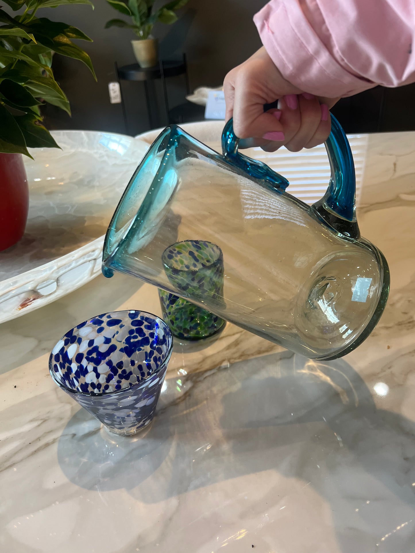 Aqua Blue & Clear Blown Glass Pitcher