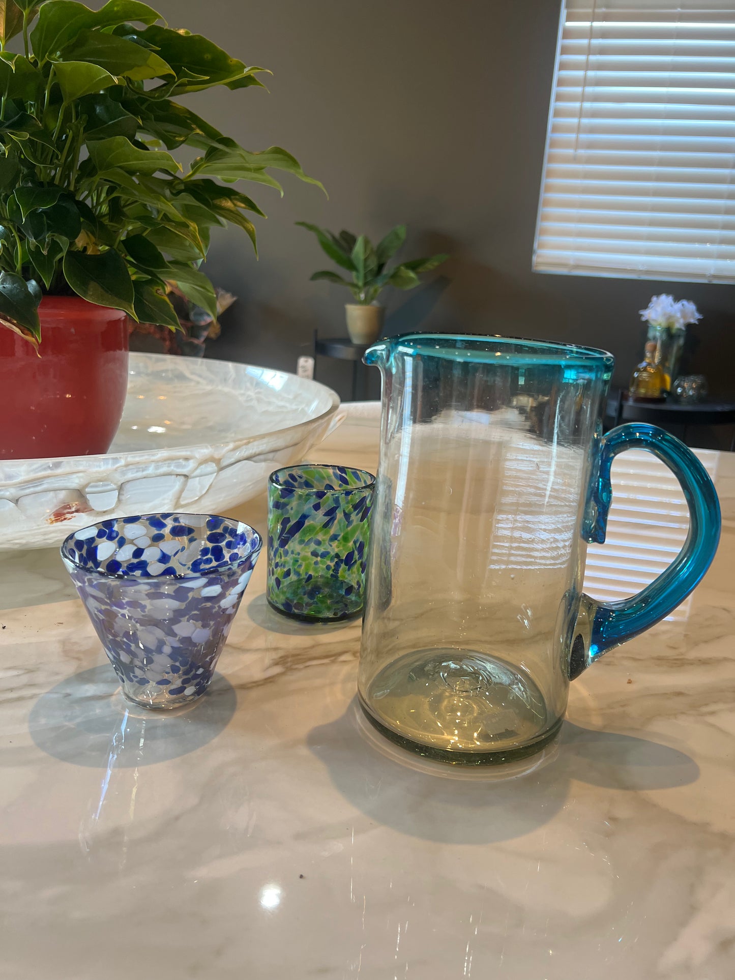 Aqua Blue & Clear Blown Glass Pitcher