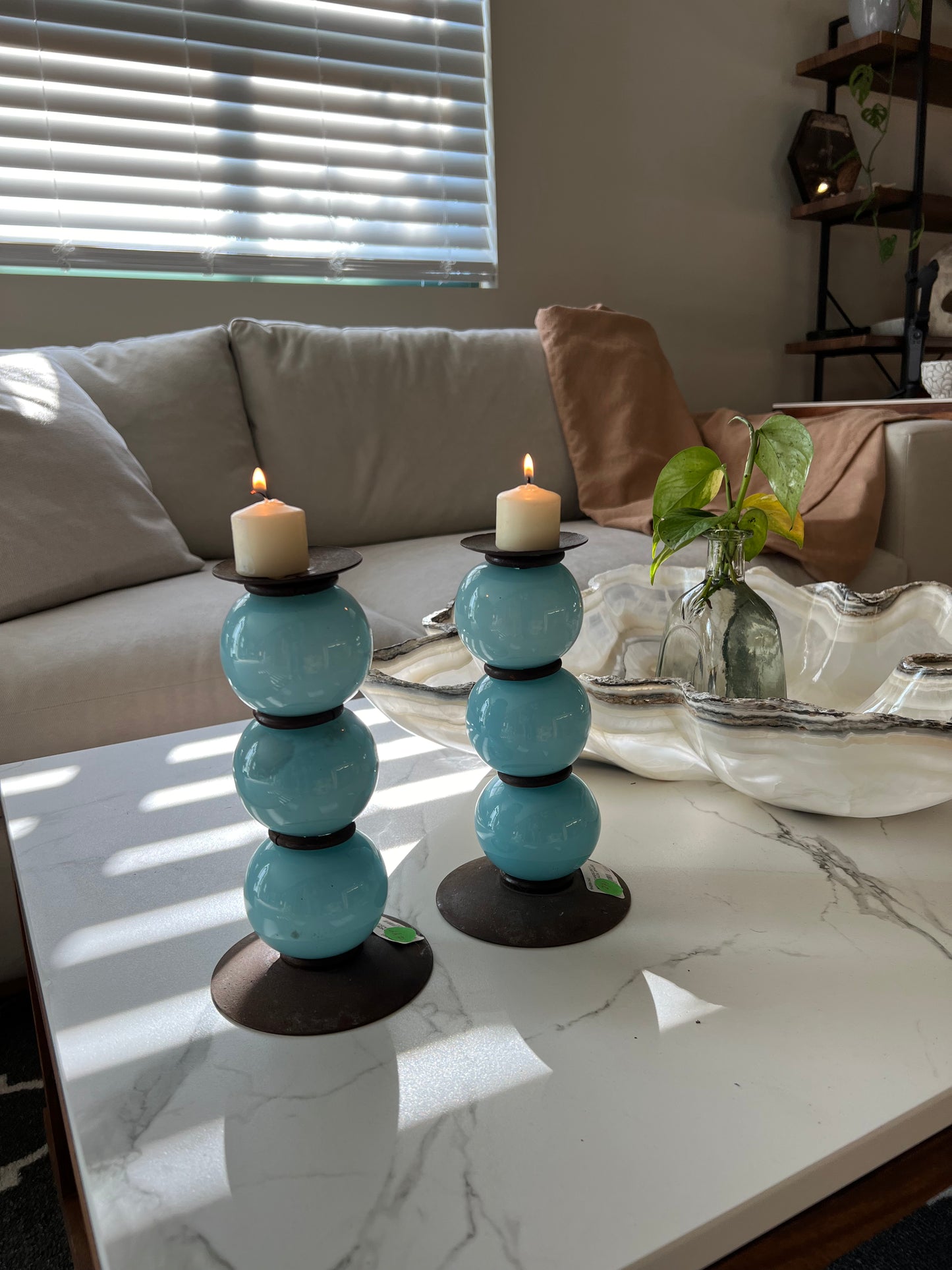 Rustic Blue Ceramic & Rusted Bronze Candelabro