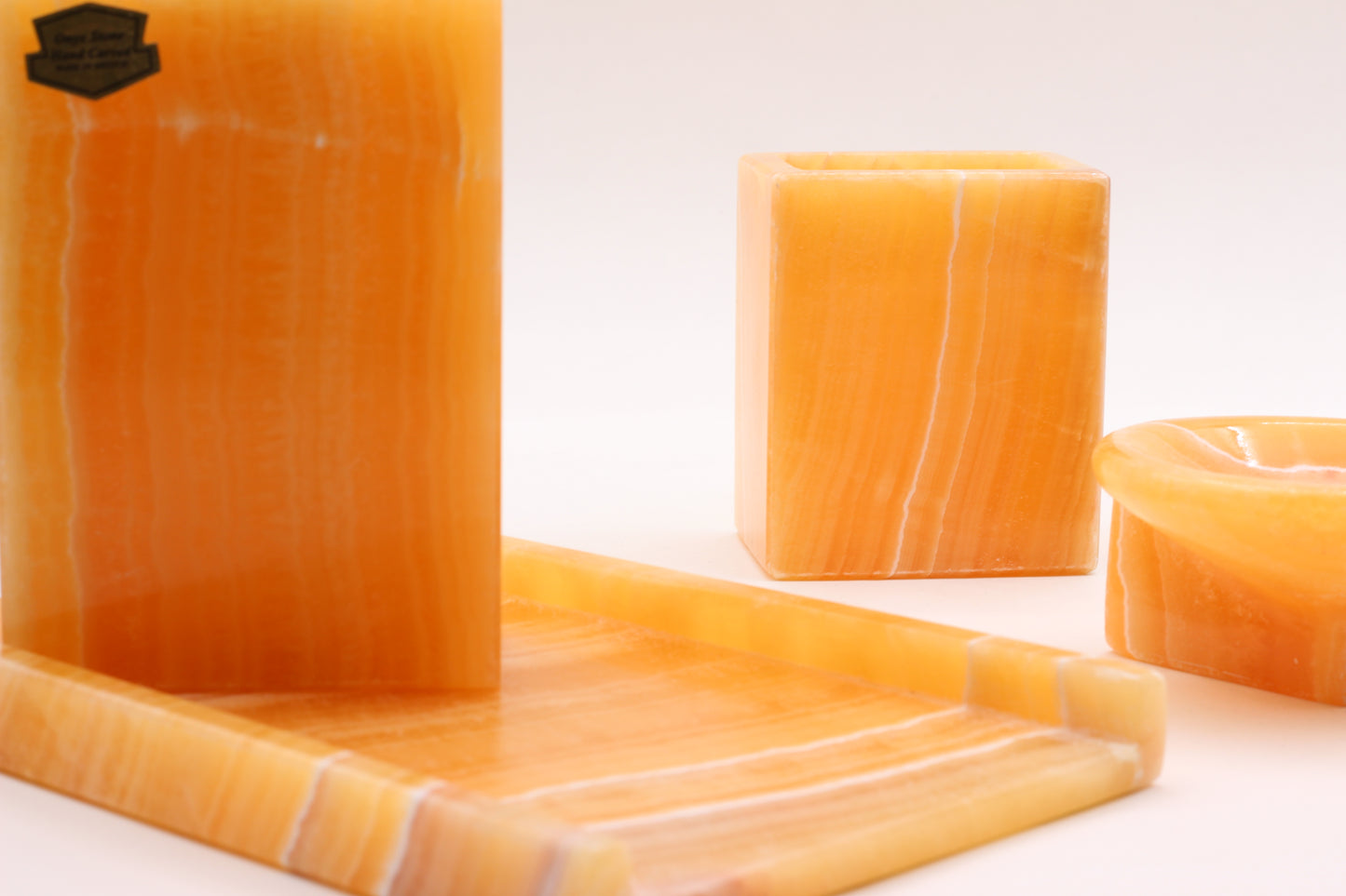 Honey Onyx Bathroom Accessory Set – 4 Piece Handcrafted Set