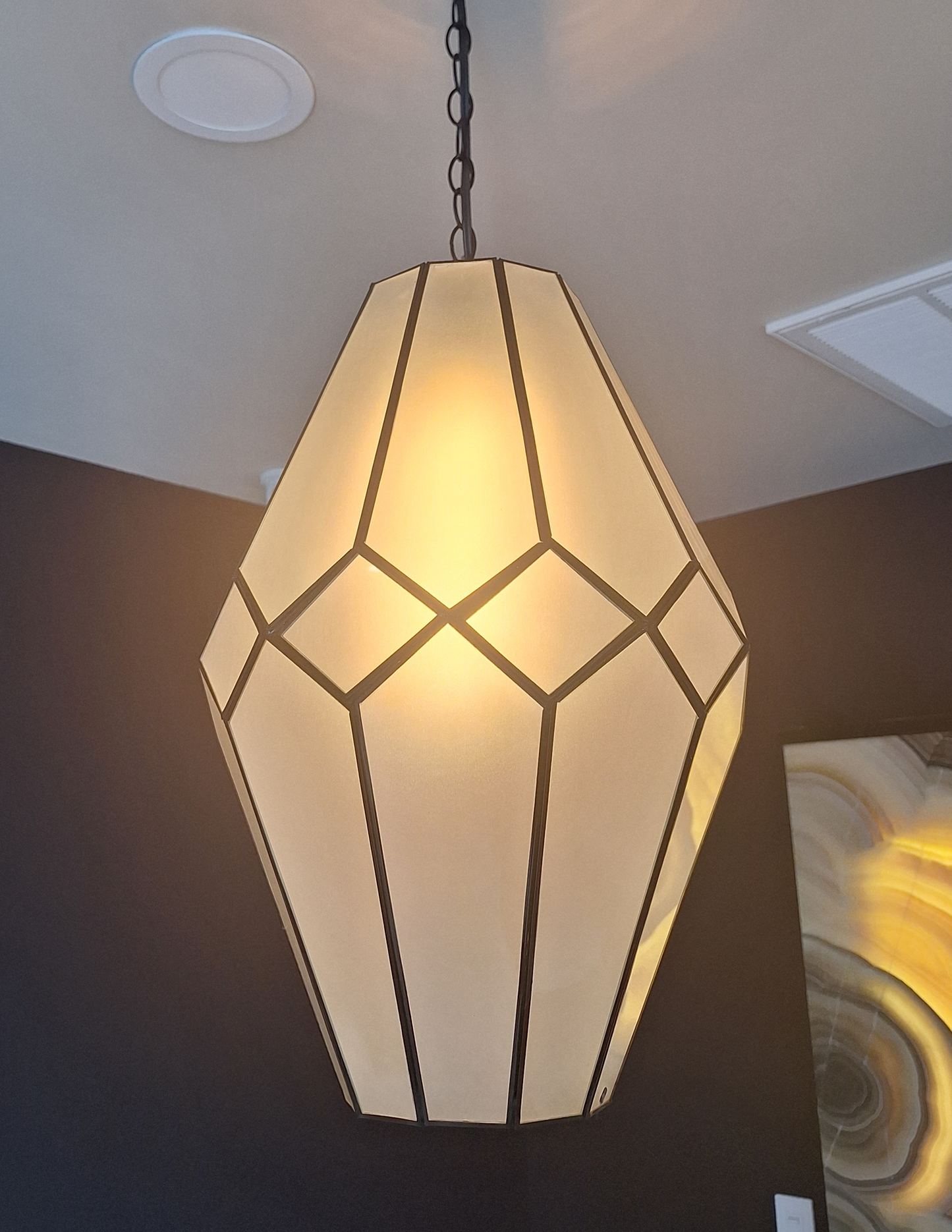 Large Frosted Glass & Tin Geometric Pendant Light Chandelier