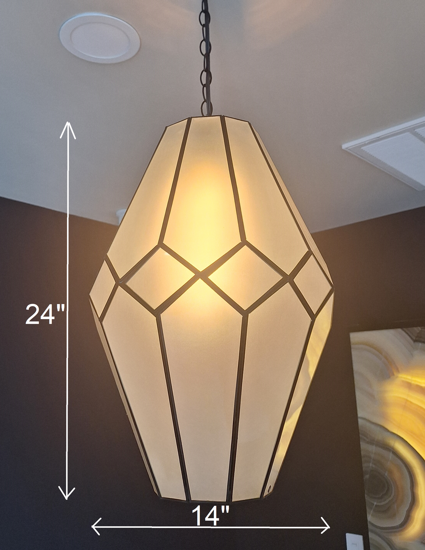 Large Frosted Glass & Tin Geometric Pendant Light Chandelier