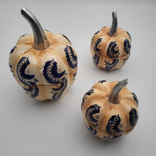 3pc Ceramic & Pewter Pumpkin Candy Bowl Set