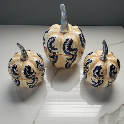 3pc Ceramic & Pewter Pumpkin Candy Bowl Set