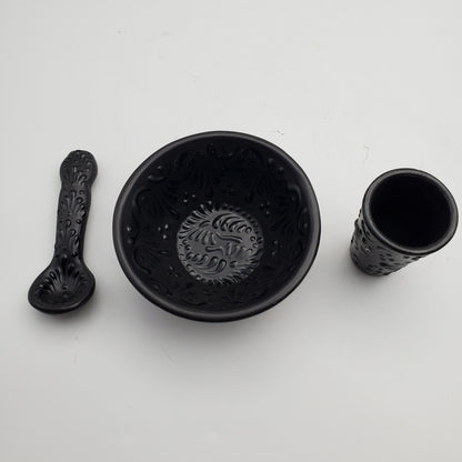 3pc Matching Talavera Set w/ Salsa Dish, Spoon and Tequilero