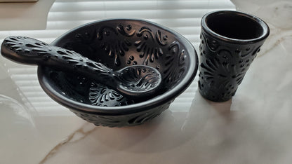 3pc Matching Talavera Set w/ Salsa Dish, Spoon and Tequilero