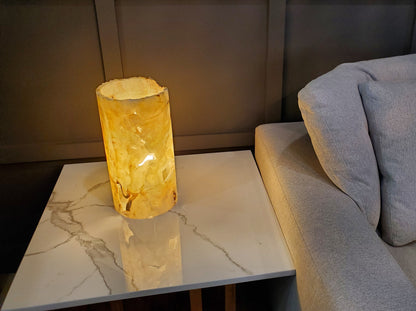 Beige, Orange and Brown Round Onyx Lamp