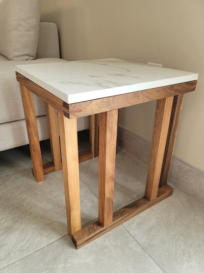 Los Cabos Wood Corner Table w/ Real Stone Top