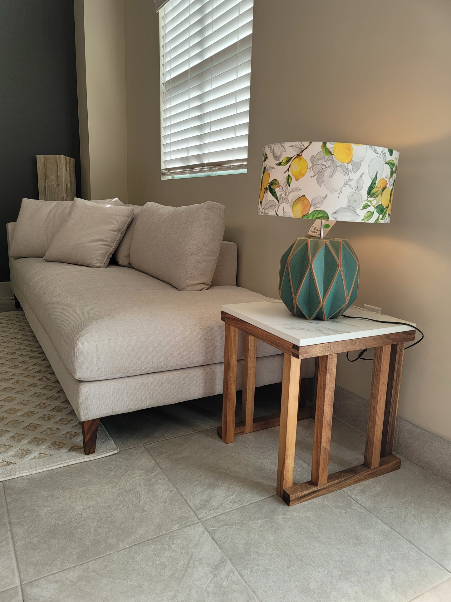 Los Cabos Wood Corner Table w/ Real Stone Top