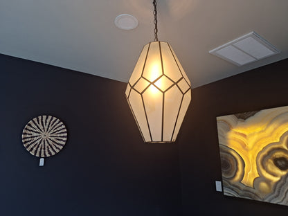 Large Frosted Glass & Tin Geometric Pendant Light Chandelier