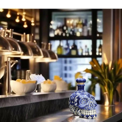 16oz Blue Talavera Ceramic Skull Liquor Bottle