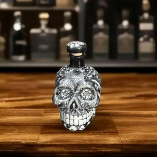 16oz Black Talavera Ceramic Skull Liquor Bottle