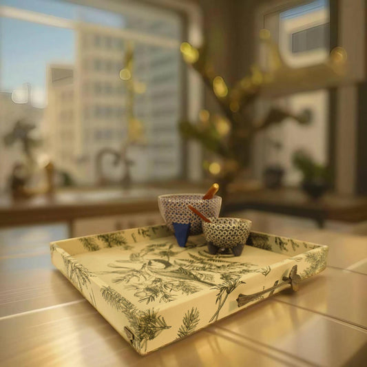 Green Floral Serving Tray w/ Metal Handles