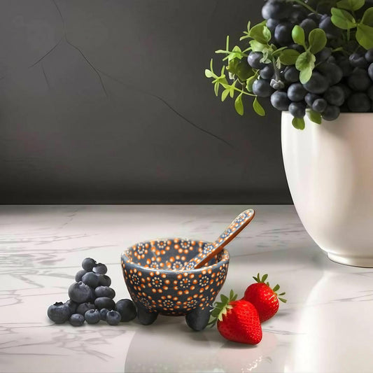 6oz Blue & Red Ceramic Salsa Bowl w/ Spoon