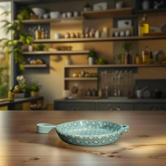 8" Aqua Patterned Clay Frying Pan