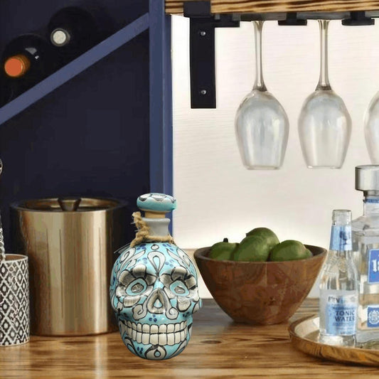 16oz Aqua Talavera Ceramic Skull Liquor Bottle