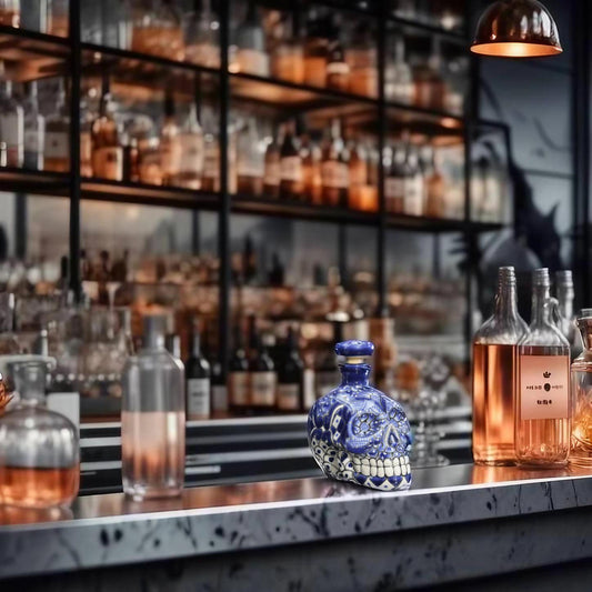 16oz Blue Talavera Ceramic Skull Liquor Bottle