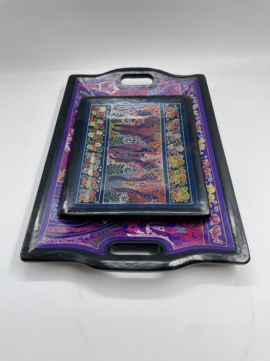 Purple/Black Unique Artistic Wooden Tray Set
