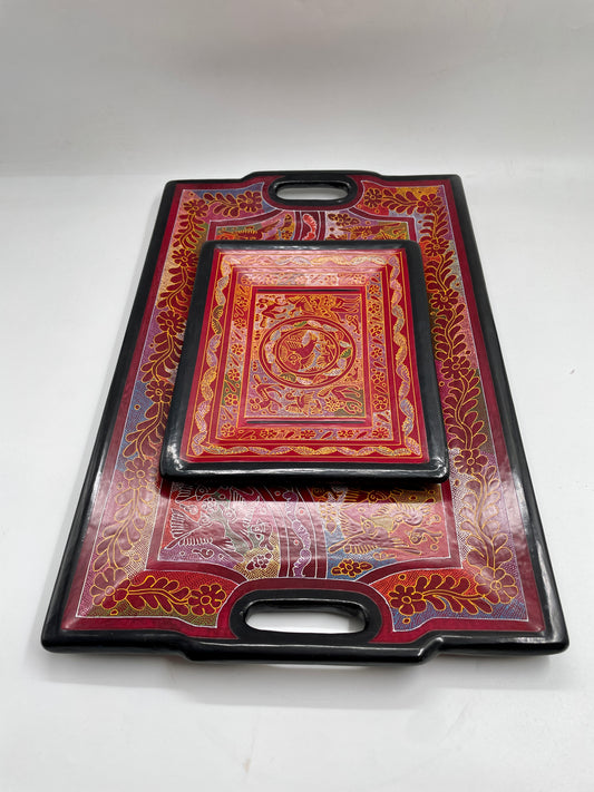 Light Red/Black Unique Artistic Wooden Tray Set
