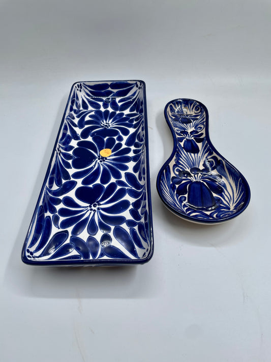 Blue And White Spoon and Tray 2pc Talavera Tray Set