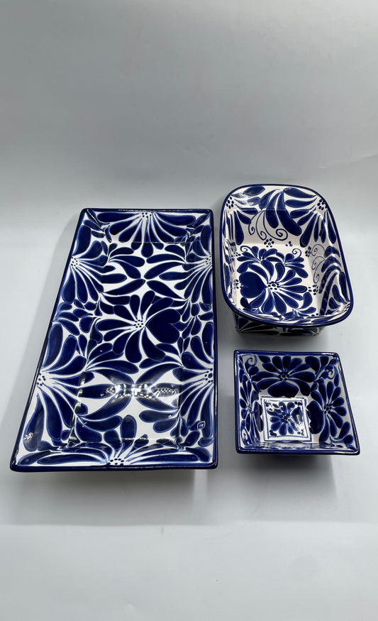 Blue And White Big 3pc Talavera Tray Set