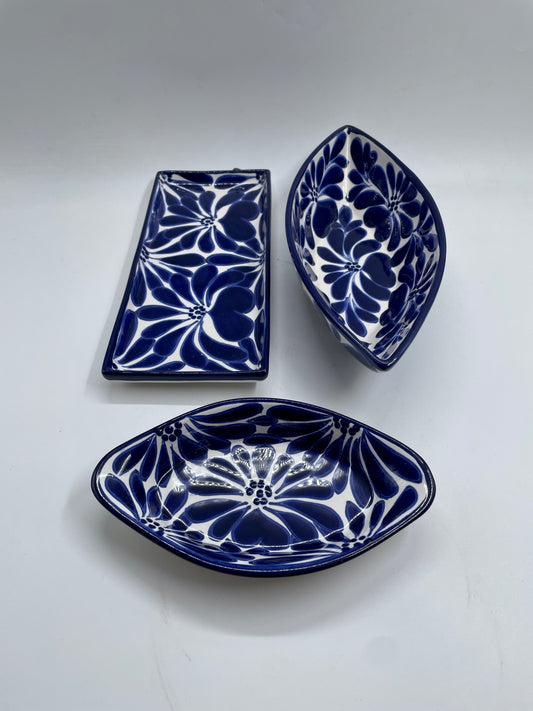 Blue And White small canoe 3pc Talavera Tray Set